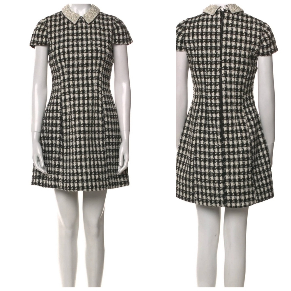Alice + Olivia Velia Tweed Mini Dress Black Crystal Pearl Collar Size 10 - Picture 11 of 15